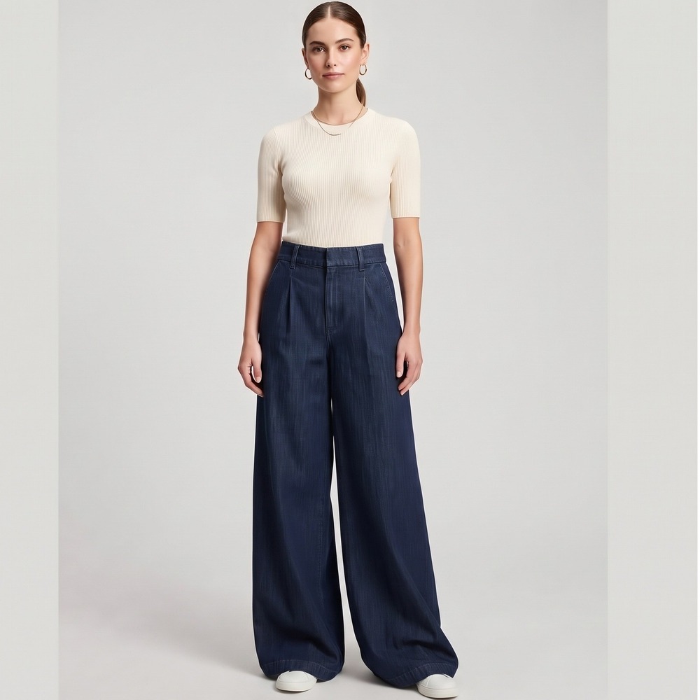 American Eagle Wide Leg Denim Pants Womens 6 Long Blue Excellent Pleated Stretch